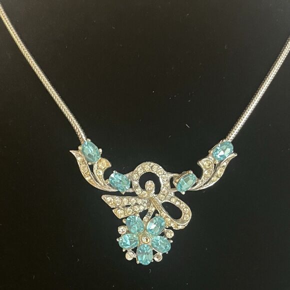 VTG Signed Joseph Wiesner NY Blue Clear Rhinestone Necklace READ - Picture 2 of 5
